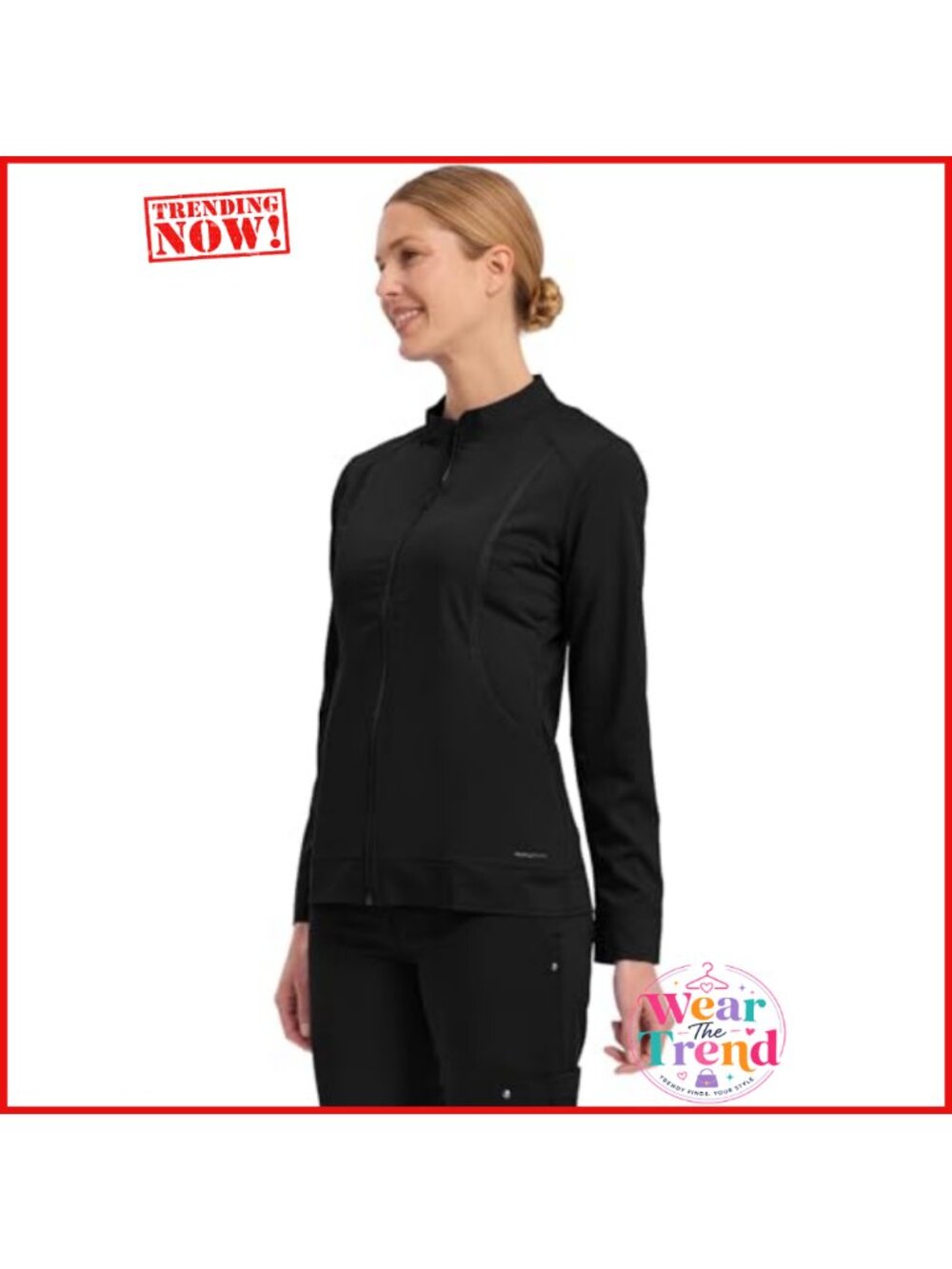 Women's Medical Scrub Jacket Zip Up Stand Collar Knit Cuffs 2-Way Stretch - Picture 5 of 6